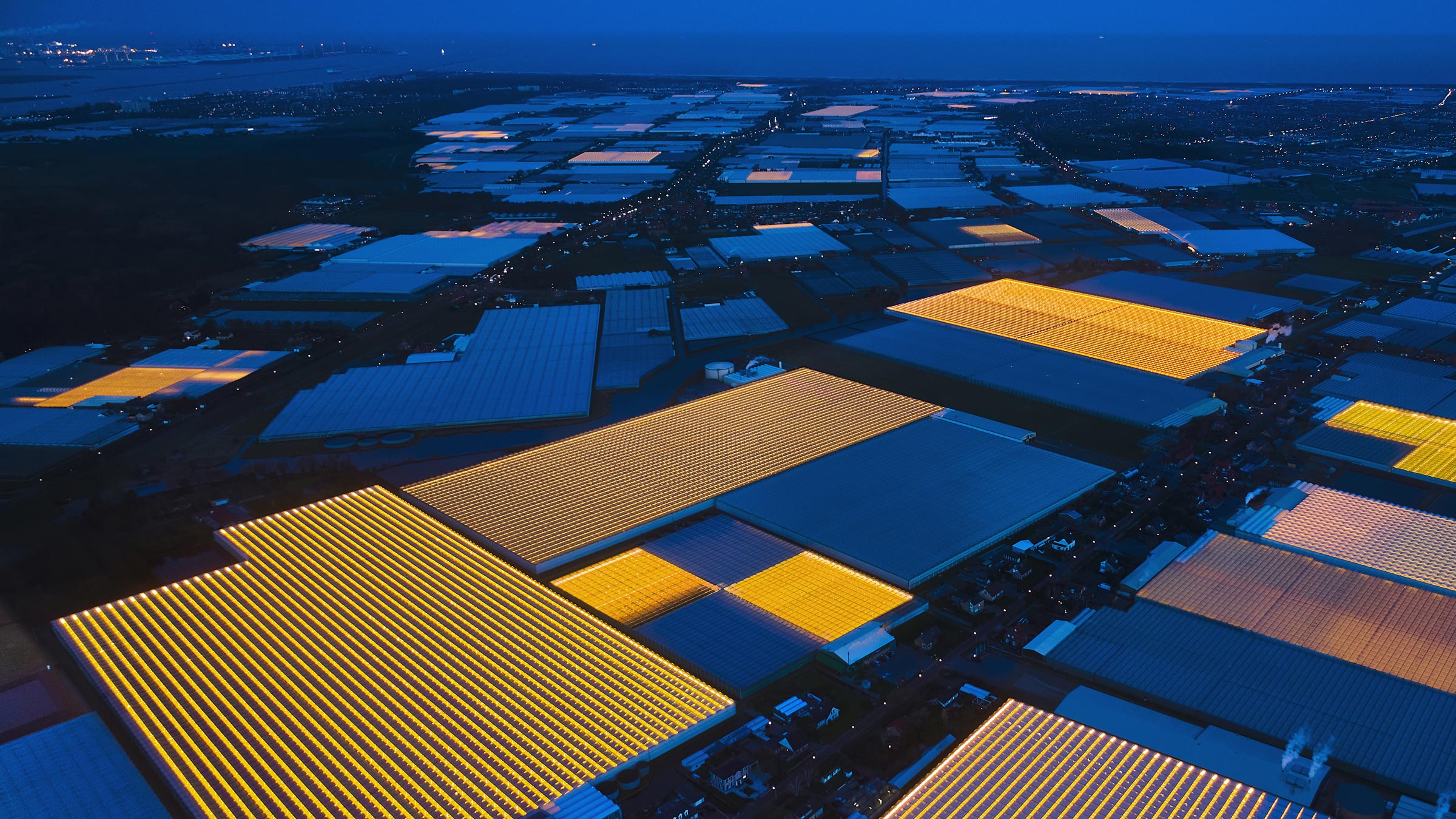 Luca Locatelli, Ultra Farming — Westland landscape blue light #1 The Netherlands, 2017.
Flying over the Westland in the Netherlands, the most advanced area in the world for agro farming technology. Furrows of artificial light lend an otherworldly aura to the greenhouse. Climate-controlled farms such as these grow crops around the clock and in every kind of weather.